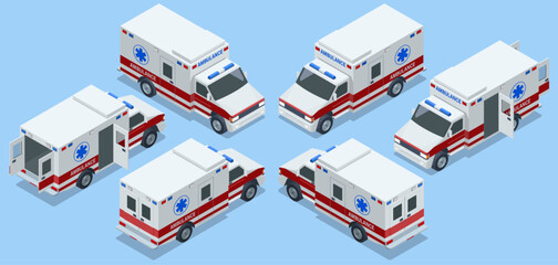 Ambulance Car. An emergency medical service, administering emergency care to those with acute medical problems. Side view, top, roof, rear, front. Vector illustration © Golden Sikorka