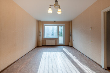 Empty, No People Living Room Interior. White Ceiling, Yellow Pink Color Walls. Old Retro Style of Decor. Balcony in Background. Lithuania