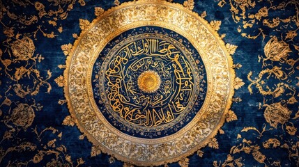 Naklejka premium Ornate Dome Ceiling with Gold Calligraphy and Floral Designs