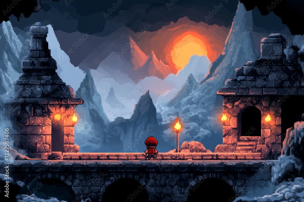 Poster A pixel art scene of a character in a video game with a nearly empty health bar, navigating a dungeon lit by insufficient torches