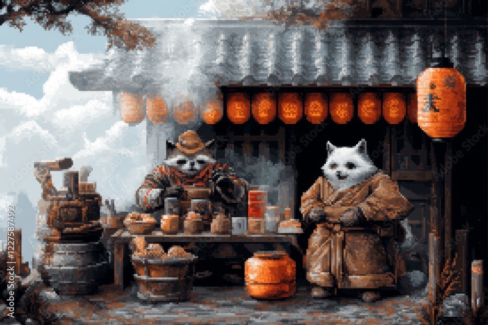 Poster a pixel art scene of a character speaking fluently to npcs in different languages, with pixelated sp