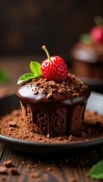 Bolo de pote com cobertura de chocolate em uma mesa de madeira, bolo, casal