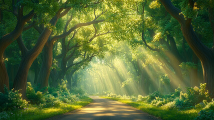 Obraz premium Serene Spring Road Through a Forest with Fresh Green Leaves