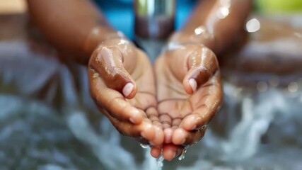 Video with hands holding water symbolises purity and vitality. Useful for environmental and charity projects, as well as for advertising water and purifiers.
