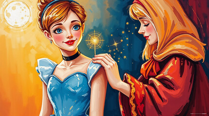 Fototapeta premium Cinderella and the Fairy Godmother transforming her dress into a ball gown and a pumpkin into a carriage, magical fairy tale moment