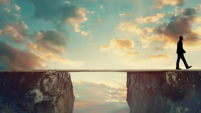 Man walking on a narrow bridge between two rocks with sunset background. Perfect for inspirational and motivational projects.
