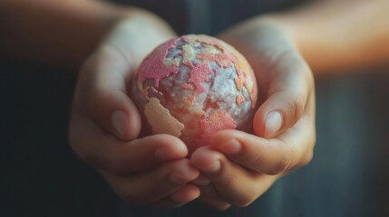 Fototapeta premium a person holding a pink and white ball in their hands