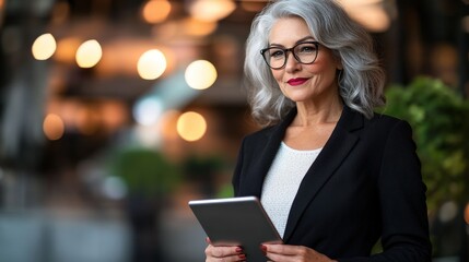 Business professional holding tablet in modern office setting, engaging in digital communication and strategy planning for financial growth and success.