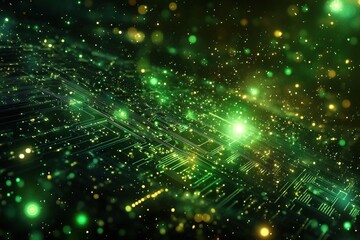 Obraz premium A green circuit board with glowing lights and particles, creating an abstract background