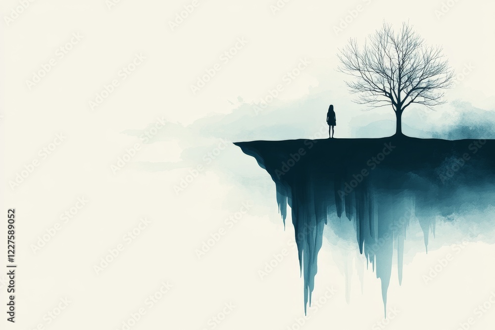 Poster a silhouette of a person standing on a cliff, observing a vast landscape below, drawn with clean lin