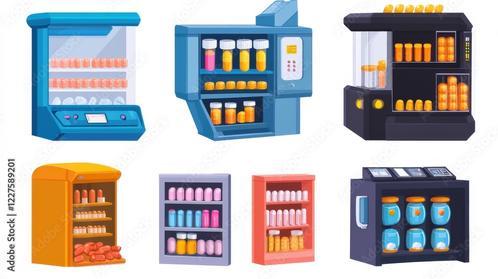 Poster colorful vending machines filled with various bottles and containers in a modern setting
