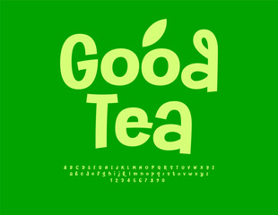 Fototapeta premium Vector eco template Good Tea with decorative Leaf. Minimal Modern Font. Artistic Green Alphabet Letters and Numbers set. 