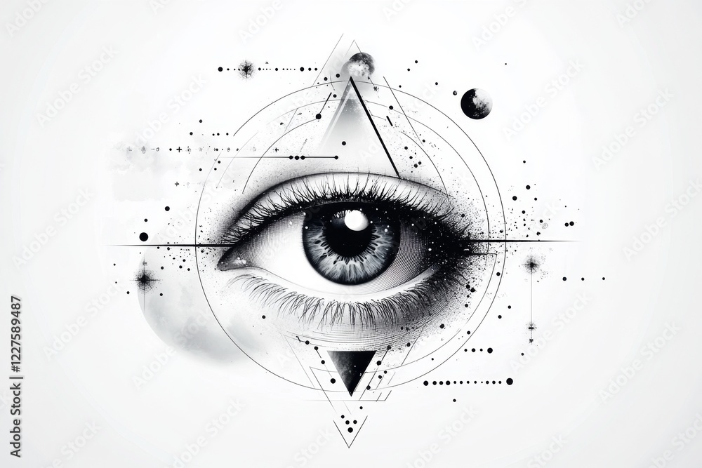 Poster a simple geometric design of an eye surrounded by concentric circles, symbolizing the act of oversee