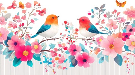 Fototapeta premium Wildflower Haven, a lively collection of colorful blooms and joyous birds, hand-painted watercolor artwork perfect for summer decor and stationery projects.