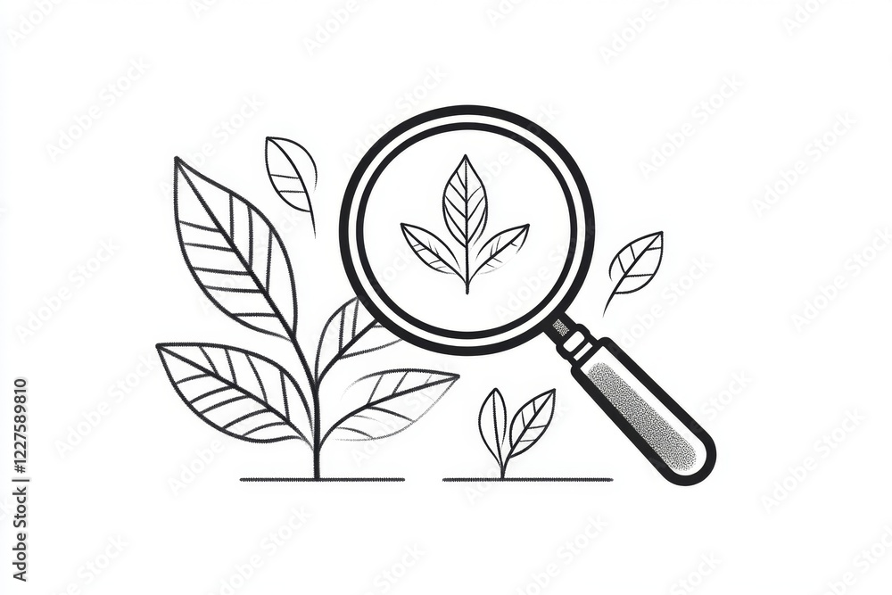 Poster A simple line drawing of a magnifying glass hovering over a small leaf, emphasizing focused observation