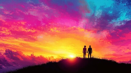 Fototapeta premium Romantic Sunset Silhouette of Couple Holding Hands on Hilltop