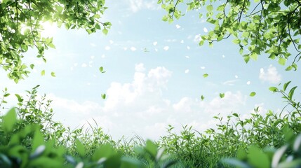 Obraz premium Serene Natural Landscape with Lush Green Leaves and Blue Sky