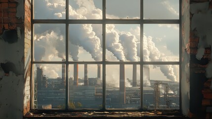 Window view of the factory emits toxic smoke that shines in the sun. 