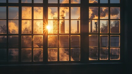 Window view of the factory emits toxic smoke that shines in the sun. 