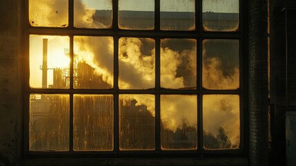 Window view of the factory emits toxic smoke that shines in the sun. 