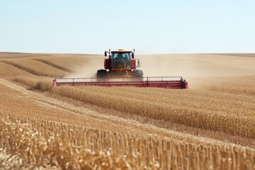 Wheat harvesting using a powerful tractor on a sunny day in the countryside