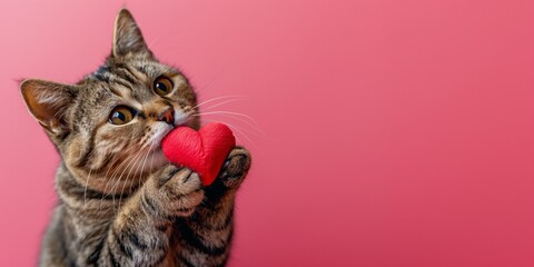 Obraz premium A cute gray cat playing with red plush heart on a bright pink background with copy space. Perfect banner for animal shelter.
