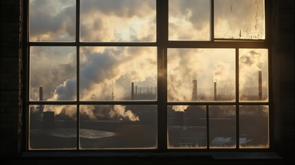 Window view of the factory emits toxic smoke that shines in the sun. 