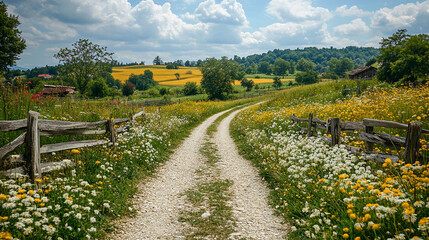Naklejka premium Gravel Road Through Rolling Fields in the Countryside