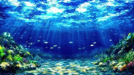 Sunbeams illuminate vibrant coral reef, diverse fish swim, underwater scene, ocean background, ideal for marine life documentaries