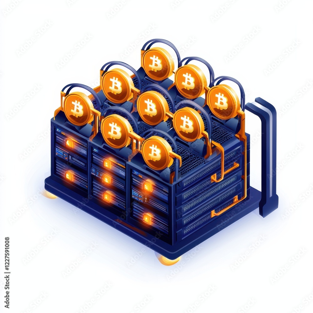 Poster a digital representation of a cryptocurrency mining rig featuring illuminated bitcoin coins stacked 