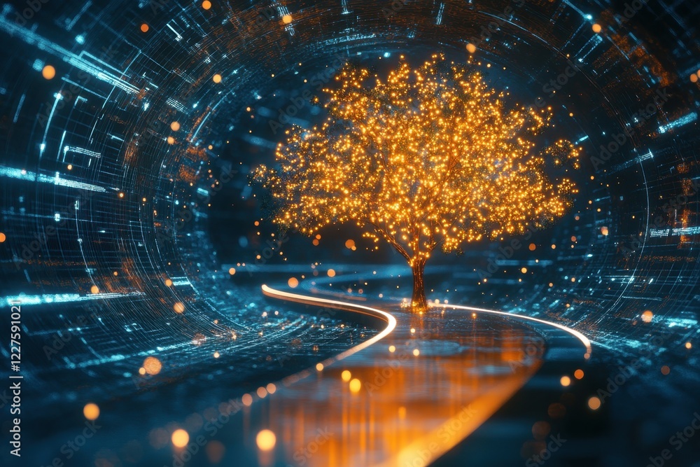 Poster brightly lit tree surrounded by digital patterns and glowing pathways in a futuristic setting