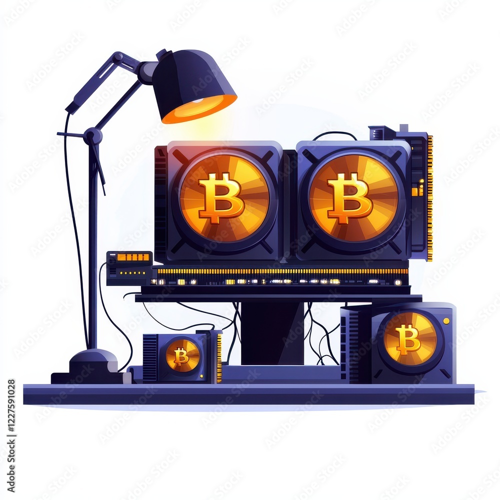 Poster a digital illustration of a cryptocurrency mining setup featuring multiple gpus, a lamp, and bitcoin