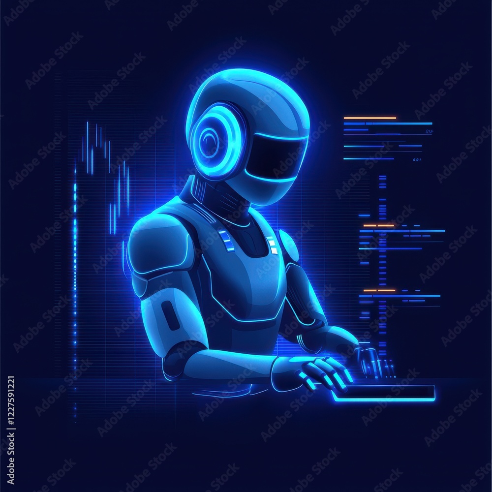 Poster a futuristic robot interacts with a digital interface, glowing in blue hues against a dark backgroun