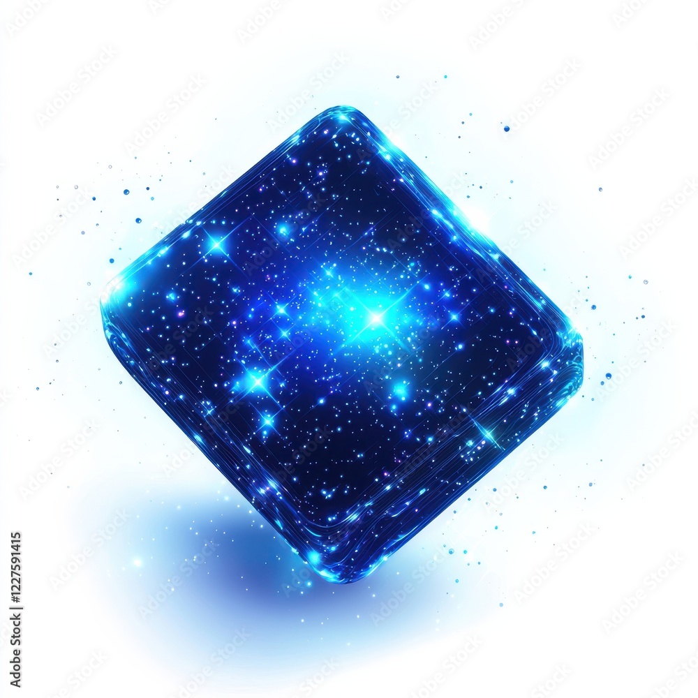 Poster a glowing cube surrounded by sparkling stars and cosmic elements, creating a mystical space-themed a