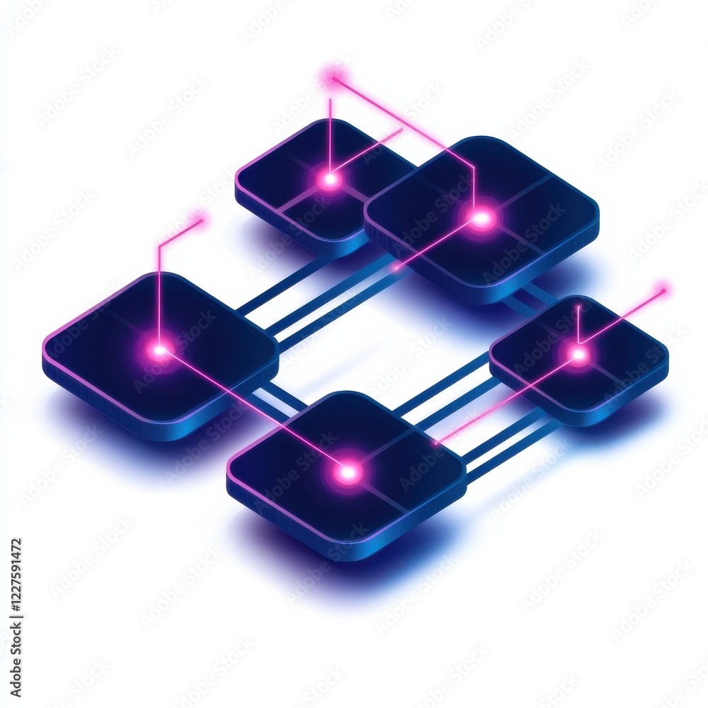 Poster abstract digital illustration featuring interconnected squares with glowing nodes, representing tech