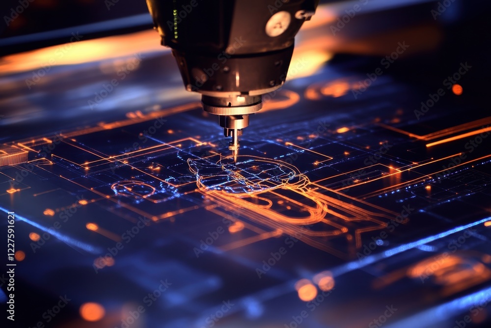 Poster advanced tool carving intricate design on illuminated surface in a workshop