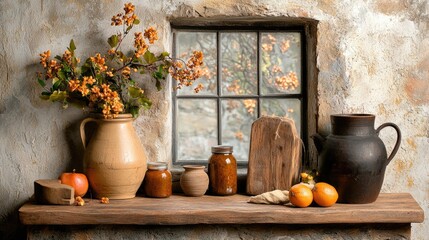 Rustic autumn still life jars, fruit, window