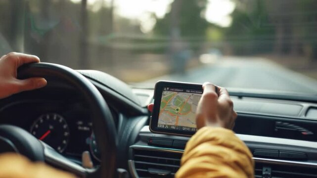 Driver using a navigator in the car, driving on the road. Great for car reviews, advertising of navigation systems.
