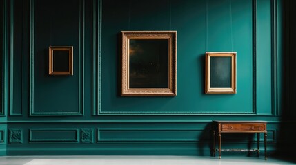 Auction house or museum exhibition, royal green wall, antique art fair gallery frame, blank template with white copyspace for mockup design, artwork concept.