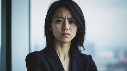 Professional woman with serious expression in corporate setting