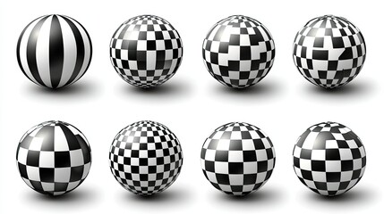 Eight Black and White Spherical Designs with Stripes and Checker Patterns
