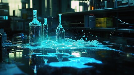 Laboratory accident with spilled liquid around glass bottles, glowing and dark
