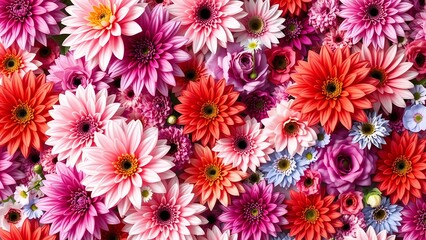 Floral wallpaper, seamless botanical pattern with a mix of pink, purple, red, orange, and blue hues.