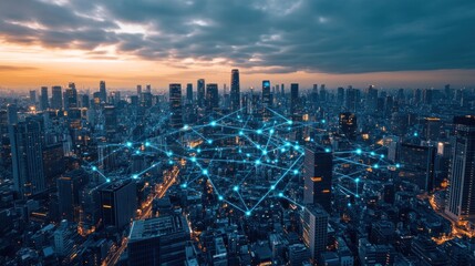 Obraz premium Smart City Network: Illuminated Metropolis at Dusk