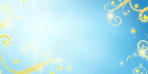 Soft blue background with yellow swirls and glittery accents, abstract background, psychedelic art