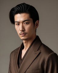 Obraz premium Elegant male portrait studio setting fashion photography warm tones close-up view modern aesthetic