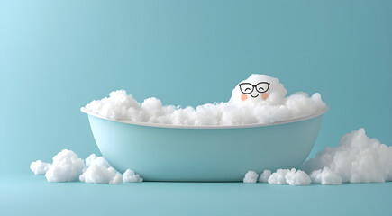 Cute Character Enjoying Bubble Bath in Light Blue Bathtub