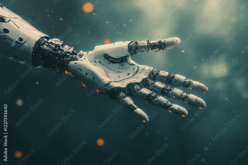 Poster robotic hand extends in a futuristic environment with glowing elements and digital background