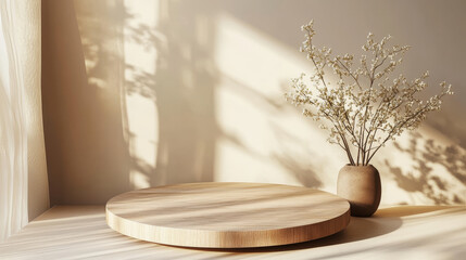 simple wooden podium with vase and flowers in soft light