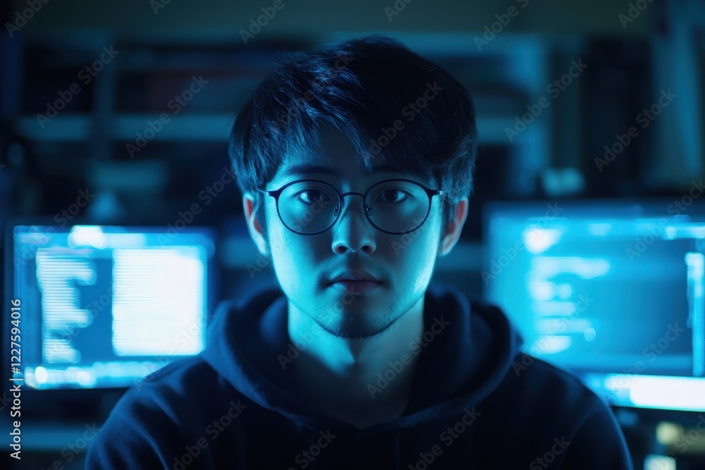 Poster young man works on computer programming in a dimly lit room with glowing screens